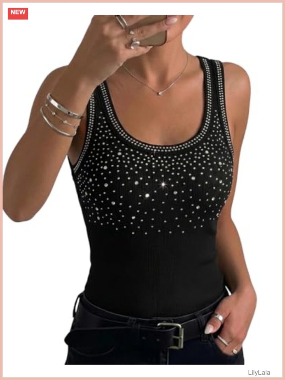 Rhinestone Tank Top Fitted Ribbed Sleeveless U-Neck Women's Top